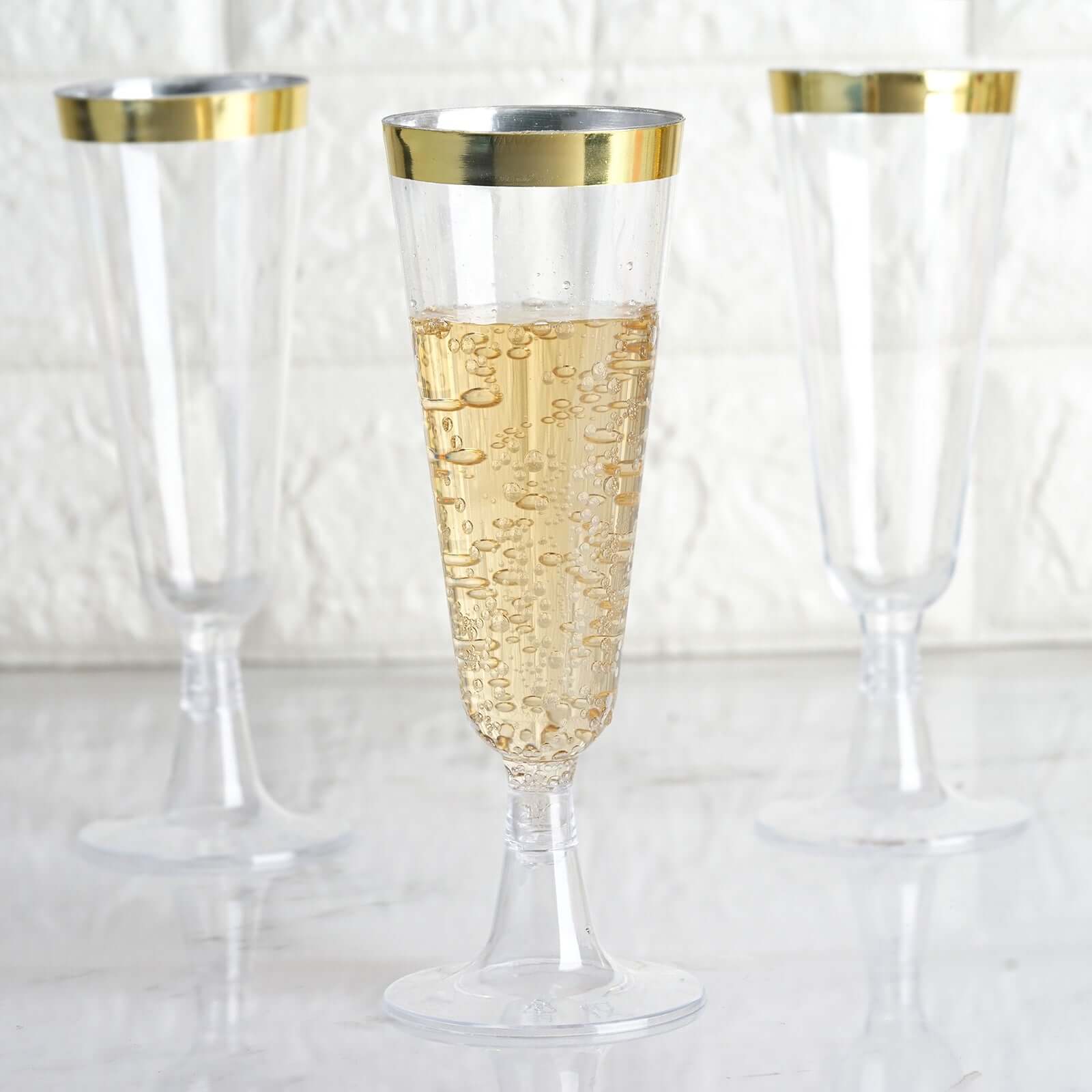 12-Pack Plastic Champagne Flutes 5oz Clear with Gold Rim - Disposable Toasting Glasses with Detachable Base 6" - 1 Pack of 12 Cups